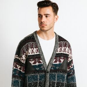 Impact Sweater Mens Cardigan Sz M Genuine Leather Patches 90's Y2K Geometric